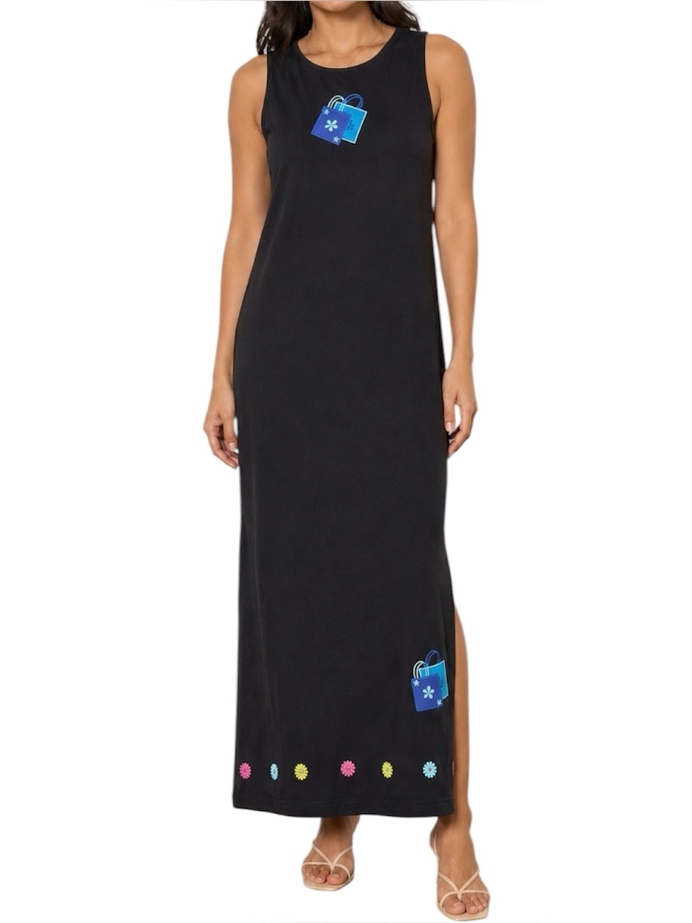 Vintage Quacker Factory Black Maxi Dress Embroidered Floral Hem Bags Slit Size M